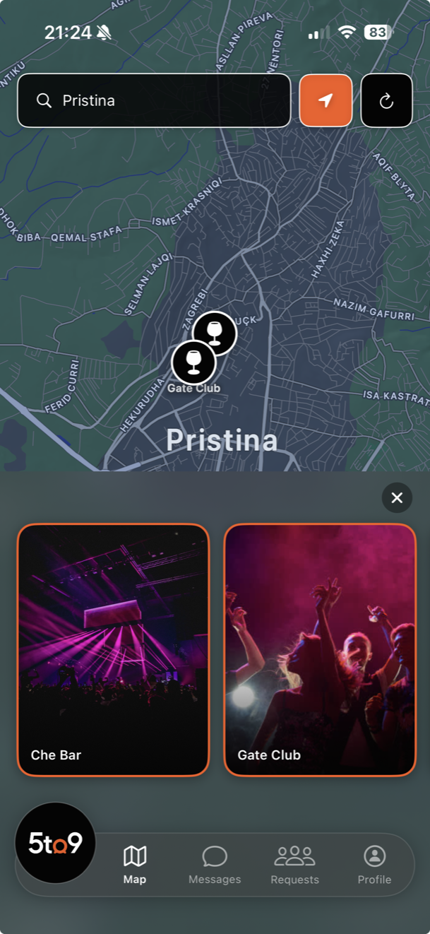 The 5to9 app showing a live map of bars and clubs in Pristina with tonight's events